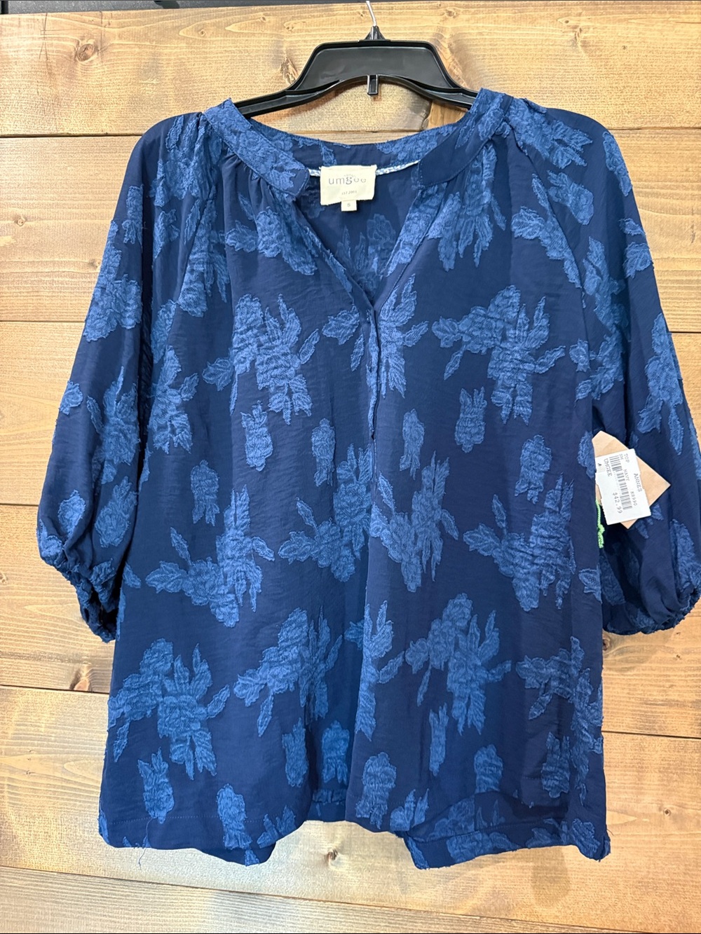 Umgee Navy Textured Floral V-Neck Peasant Blouse